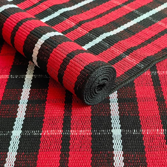 Buffalo Plaid Outdoor Rug Christmas Door Mat Christmas Decor Welcome Rug Cotton Hand-Woven Layered Door Mats for Front Porch, Kitchen, Farmhouse, Entryway (24"x51", Red/Black/White)
