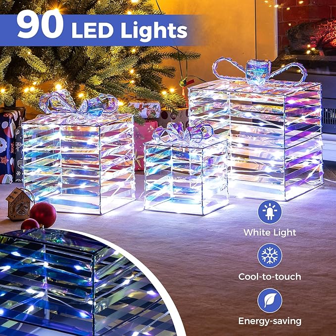 Tangkula Set of 3 Christmas Lighted Gift Boxes, Pre-lit 90 LED Light Up Present Box Decorations with Bows and Plug, Indoor Outdoor Xmas Boxes for Christmas Tree, Holiday Party Decorations