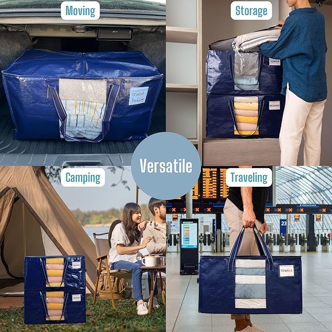 VENO 4 Pack Moving Bags, Comforter and Blanket Storage Bags for Closet, Moving Boxes, Boxes with Lids Alternative, College Dorm Packing Supplies, Foldable Heavy-Duty Tote with Window (Blue, 4 Pack)