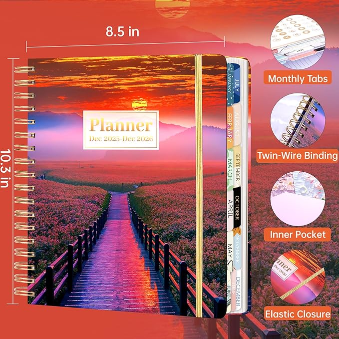 Yoment Hardcover 2026 Planner Academic Weekly and Monthly, 13 Month Planner Dec 2025 - Dec 2026, 8.5" x 10.3" Student for College, Teacher, Daily Agenda Notebook, 3 Sticker Sheets (Sunrise)