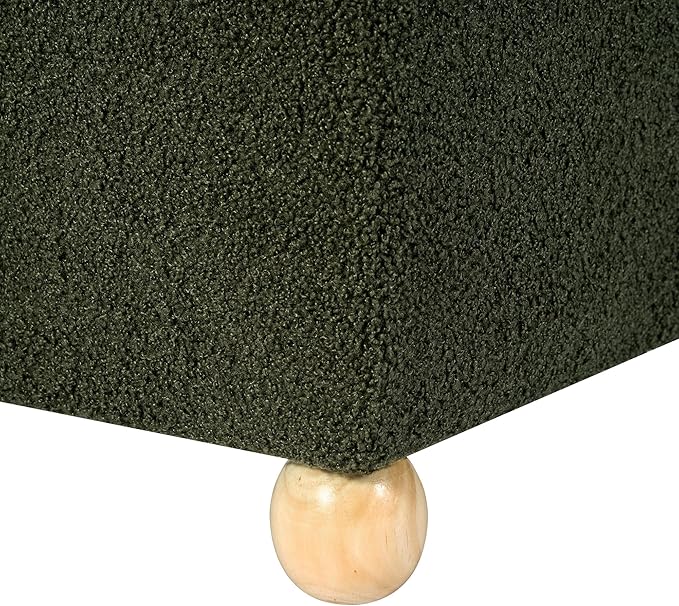 Adeco 17 Inch Soft Dark Green Cube Ottoman Storage, Teddy Velvet Chair Foot Stools, Upholstered Vanity Stool with Hinged Lid, Solid Round Wood Legs