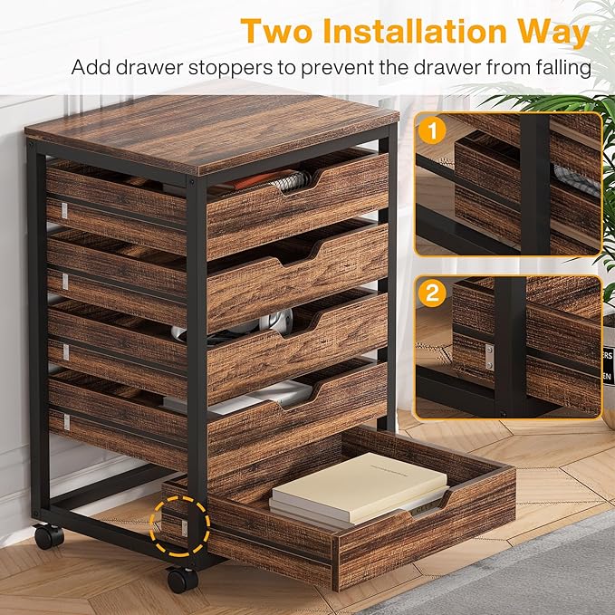 Tribesigns 5 Drawer Chest, Wood Storage Dresser Cabinet with Wheels, Industrial Storage Drawer Organizer Cart for Office Bedroom Entryway (Rustic Brown, 1 PC)