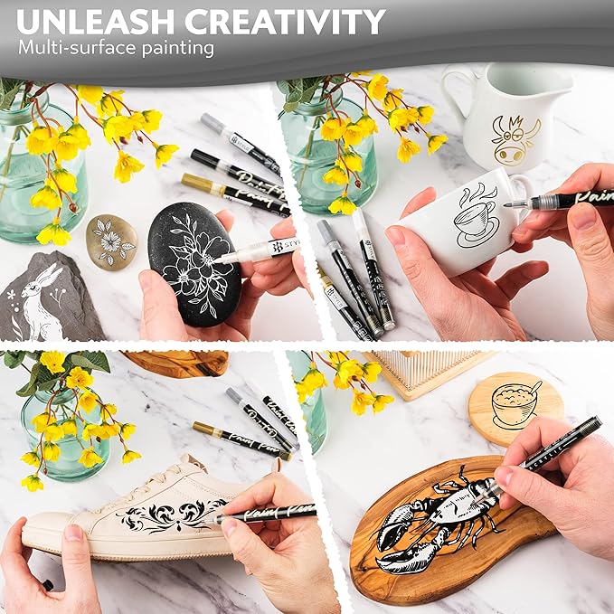 Stylo 4 Count Acrylic Metallic Pens - White Paint Pens - Fine Tip Permanent Acrylic Metallic Paint Markers for Rock Painting, Glass, Wood, Ideal for Arts and Crafts (Pack of 4, White)