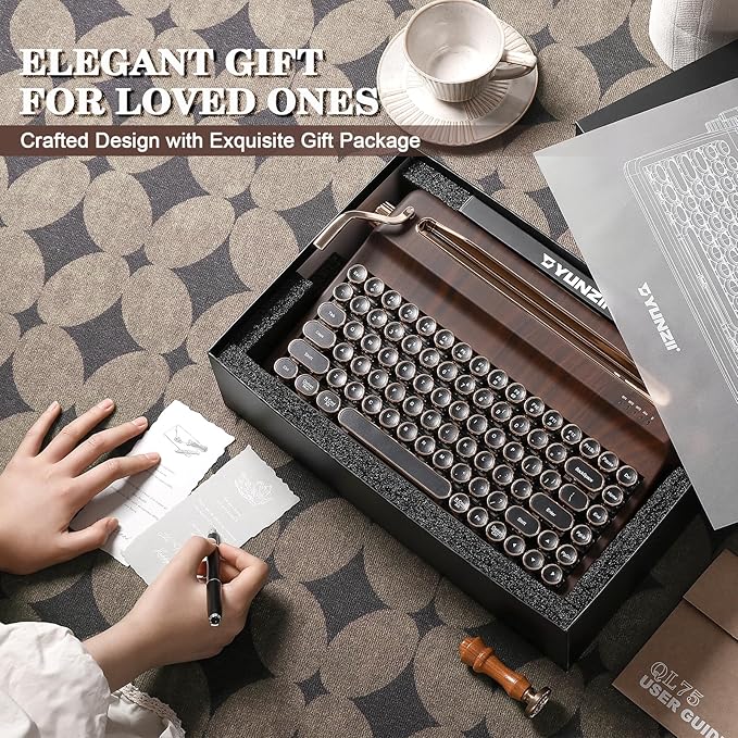 YUNZII QL75 Wireless Typewriter Hot Swap Retro Mechanical Keyboard,Punk Round Keycaps,RGB Backlit QMK/VIA Programmable, Multi-Device Keyboard with 2.4GHz/Type-C/BT5.0 (Wood, Onyx Switch)