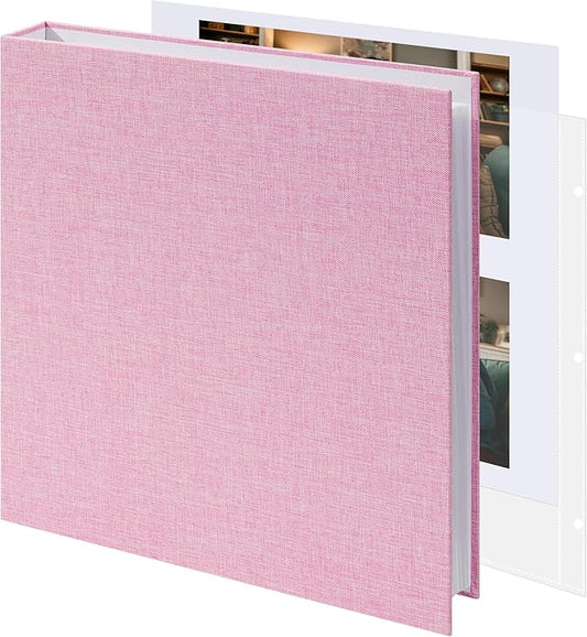 Vienrose Scrapbook 8.5x11 Inch Large 3 Ring Binder Photo Album, Linen Cover DIY Scrap Book with 30 Sheets Plastic Sleeves 60 Pages Blank White Inner Pages for Wedding Birthday Baby Travel Pink