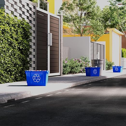 14 Gallon Rectangular Blue Recycling Bin | 2 Pack | Inside Outside Curbside | Stackable Box for Paper Plastic