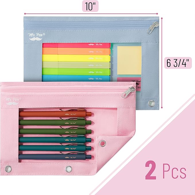 Mr. Pen- Pencil Pouch, 2 Pack, Blue and Pink Pencil Pouches, Pencil Pouch for 3 Ring Binder Pencil Pouch, Pencil Cases, Flat Pencil Case for Binder Pouch, Zipper Pencil Pouch, 3 Ring Binder Pouch