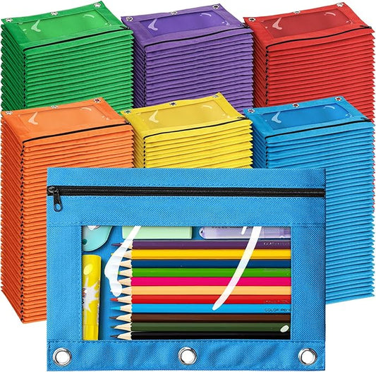 Pencil Pouch for 3 Ring Binder, Bulk 288 Pack 3-Holes Zipper Pencil Pouches in Assorted Colors, Sturdy and Durable Cloth Pencil Holder with Clear Window for Office School College Supplies