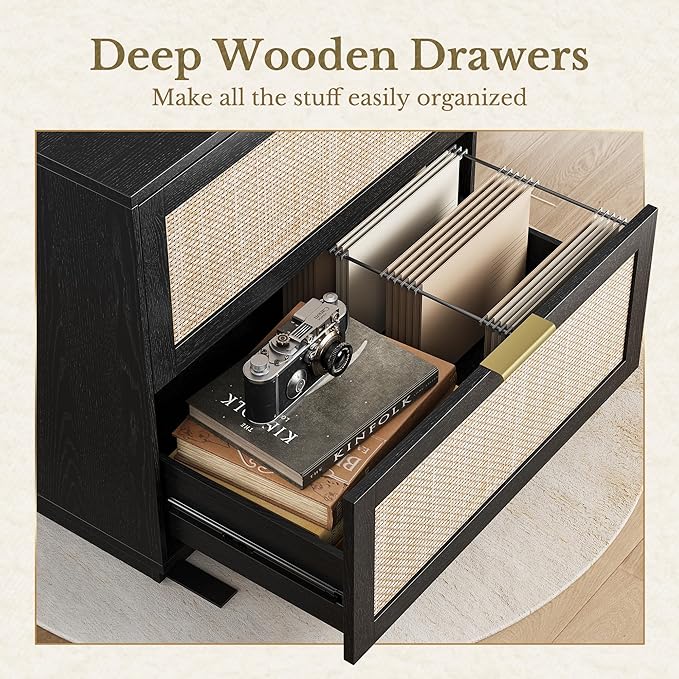 2 Drawer Rattan File Cabinet, 32'' Lateral File Cabinet for Legal/Letter/A4/F4 Size Hanging Files, Wood File Storage for Home Office, Black