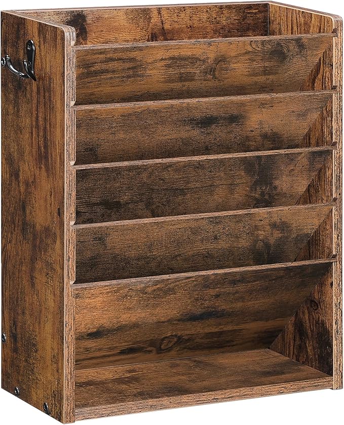 Wall File Organizer, 6-Tier Vertical Mount Hanging Holder with 2 Side Hooks, Vintage Wooden Magazine Storage Crate with Bottom Flat Tray, Desk Organizer, for Office, Home, Rustic Brown MWJ01FG