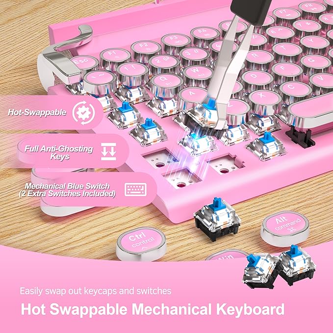 Retro Typewriter Wireless Mechanical Gaming Keyboard, Bluetooth 5.0 Office Computer Vintage Keyboards 83-Key Blue Switches Punk Round Keycap, LED Backlight, Compatible with PC/Laptop/Pad/Phone, Pink