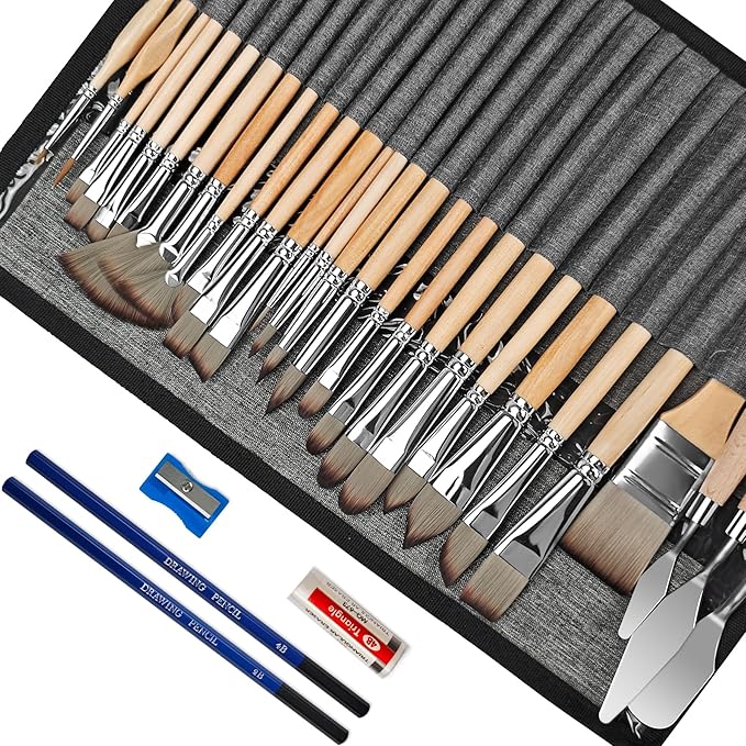 Bougimal 33 PCS Paint Brush Set with Case, Artist Upgrade Series, Premium Import Nylon Brush Set with Palette Knife, Various Types of Brushes, Pencil & Sharpener for Acrylic Painting, Oil, Watercolor