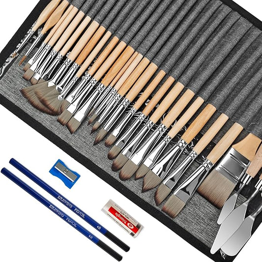 Bougimal 33 PCS Paint Brush Set with Case, Artist Upgrade Series, Premium Import Nylon Brush Set with Palette Knife, Various Types of Brushes, Pencil & Sharpener for Acrylic Painting, Oil, Watercolor