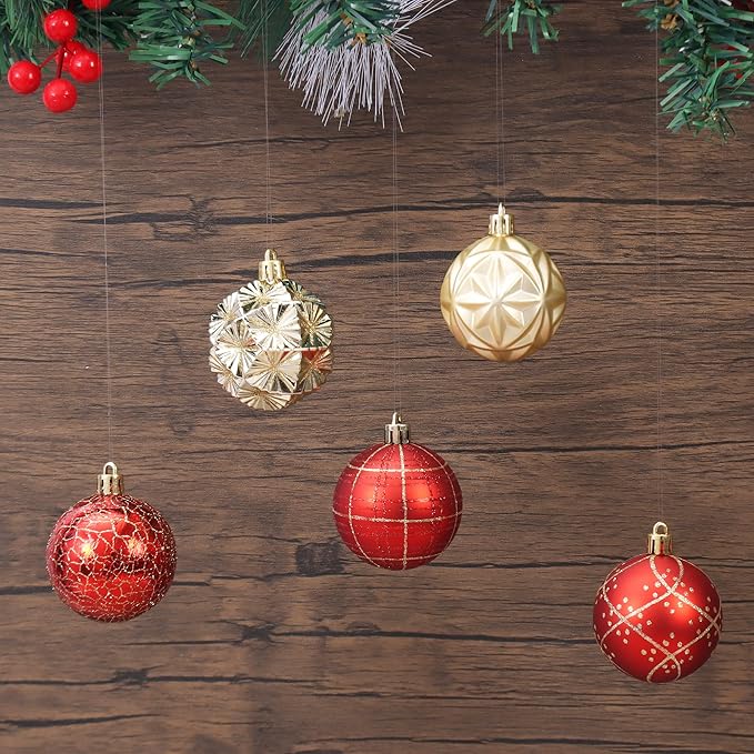 100ct Red and Gold Christmas Ornaments Set, Shatterproof Christmas Decorations for Tree Elegant Plastic Xmas Ball Ornaments with Assortment of Designs and Size for Holiday Party Deco (Red & Gold)