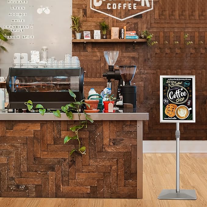 11"x17" Pedestal Poster Sign Holder Stand with Heavy Duty Solid Steel Base, Adjustable Sign Holder Standing Floor Sign Stand for Office/Store/School/Church/Public Sign Displayed Stands, Silver