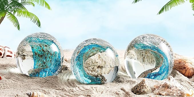 EUSTUMA Hand Blown Glass Figurines Ball Ocean Waves,Office Paperweight Glass for Desk,Home Decor Collectible,Aquarium Decor,Office Decor Ocean Lovers (Waves)
