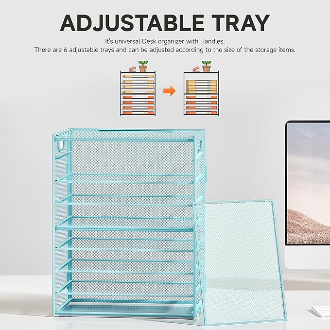 Subekyu 9 Tier Paper Letter File Tray Organizer for Desk, Large Mesh Desk Folder Sorter Organizer with Handle, Include 6 Pcs Adjustable Height Slid Tray for Office Home School Supplies Storage, Blue