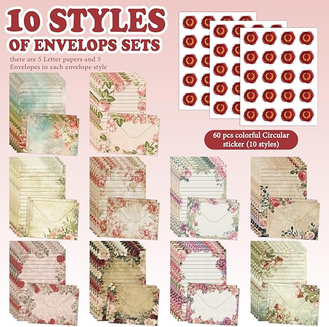 160 Packs Stationery Paper and Envelopes Set 10 Different Designs, 50 One Sided Stationery Writing Papers with 50 Matching Envelopes and 60 Round Dot Sticker, 5.5 x 8.25 Inch (VintageFlower)