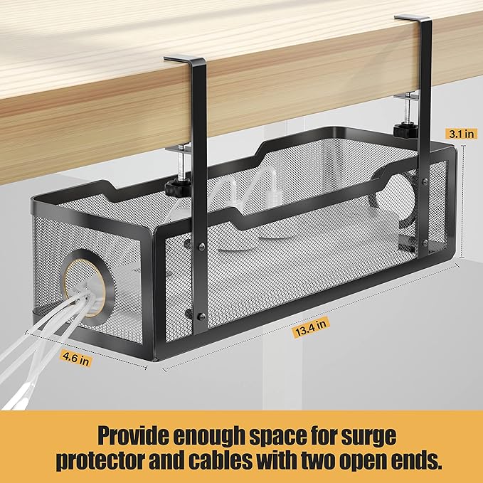 Under Desk Cable Management Tray Black, Cinati Wire Organizers No Drill, Cable Tray with Clamp for Wire Management, Cord Organization Box for Office, Home - No Damage to Desk
