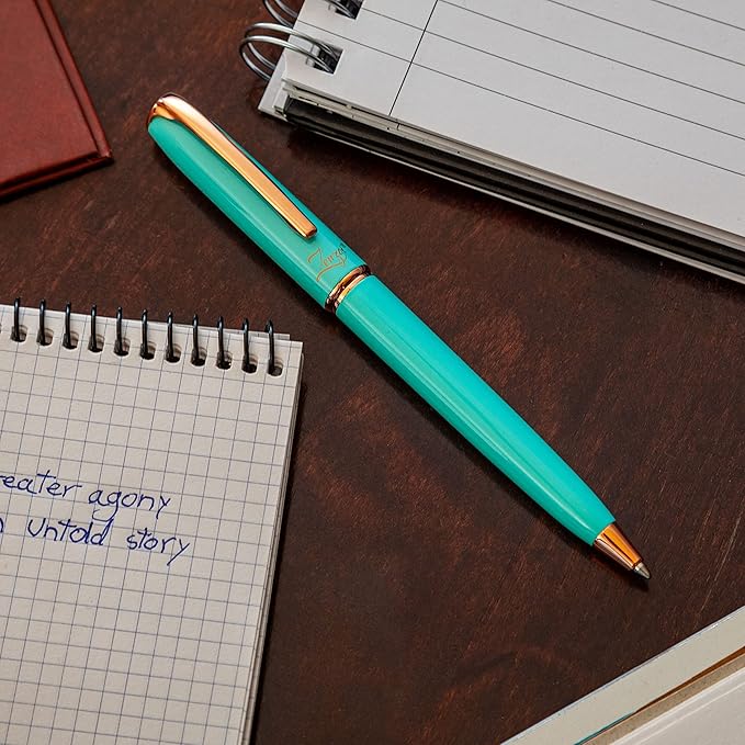 ZenZoi Turquoise Ballpoint Pen – Retractable, Executive Pen for Women w/Rose Gold Trim. Nice Writing Schmidt Ink Refills. Fancy, Luxury Pen Gift Set. Note Taking, Journaling Ball Pen