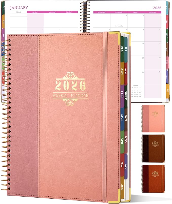 2026 Planner, Weekly and Monthly Calendar Planner Book,Dec 2025 - Dec 2026, Leather Hardcover Spiral Planner with Monthly Tabs, Notes Pages, Perfect for Women & Men, A4 (9.6" x 11.2") - Pink
