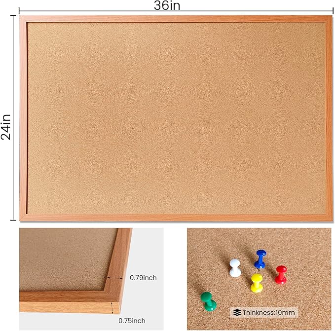 Cork Bulletin Board for Wall - 36” x 24” Bulletin Board Wall Mounted Wood Frame Message Board pin Board for School,Office and Home
