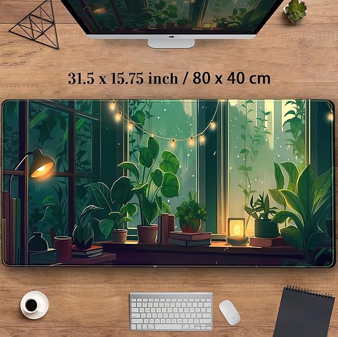 Cute Green Lofi Desk Mat Plants Mouse Pad Anime Forest Aesthetic Nature Desk Pad, XXL Large Gaming Extended Mousepad for PC Laptop Keyboard Mouse Mat Women Office Decor Girl Playmat 31.5x15.75 in