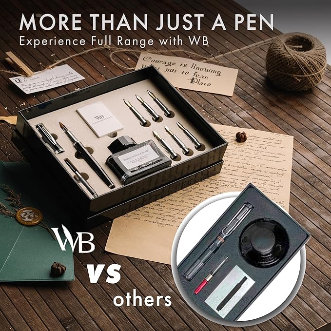 Wordsworth & Black Calligraphy Pen Gift Set, Includes Bottle, 6 Cartridges, Refill Converter, 6 Replacement Nibs, Premium Package, Journaling, Smooth Writing Pens [Black Chrome]
