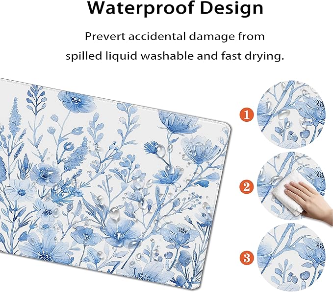 31.5”x11.8”Large Gaming Mouse Pad for Desk, Mouse Mat with Seamed Edges, Waterproof Desk Pad, Non-Slip Rubber Base, Keyboard Pad Computer Mat, Big XL Mousepad- Blue and White Flower