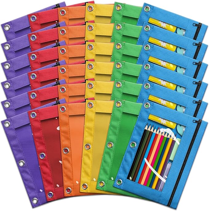 Pencil Pouch for 3 Ring Binder, Bulk 36 Pack 3-Holes Zipper Pencil Pouches in Assorted Colors, Sturdy and Durable Cloth Pencil Holder with Clear Window for Office School College Supplies (36)