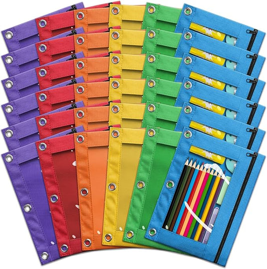 Pencil Pouch for 3 Ring Binder, Bulk 36 Pack 3-Holes Zipper Pencil Pouches in Assorted Colors, Sturdy and Durable Cloth Pencil Holder with Clear Window for Office School College Supplies (36)