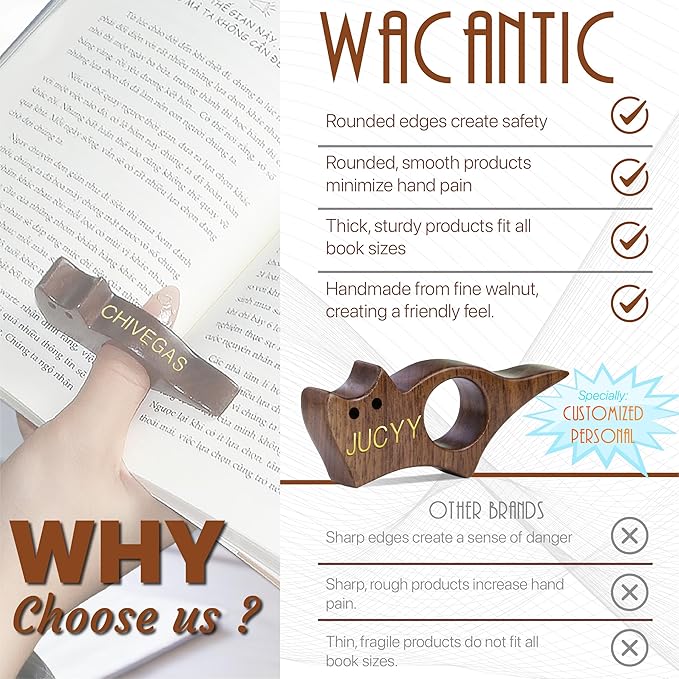 Personalized Cat Page Holder With 3D Metal Letters - Smooth Finish Walnut Wood Thumb Holder for Reading - Customizable Reader Gifts & Accessories - Ideal for Book Lovers (Small)