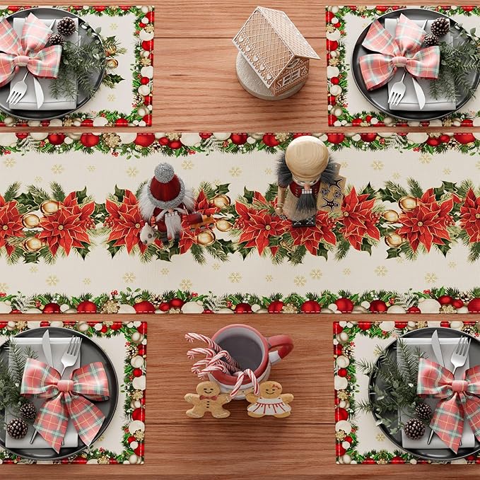 XCHI Christmas Poinsettias Leaves Bells Snowflakes Winter Xmas Table Runner Table Decoration for Home Kitchen Dining Holiday Decor 13x36 Inch