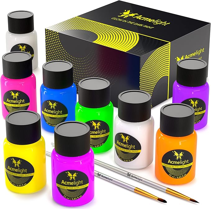 Glow in the Dark Acrylic Paint Set - 9 Neon Fluorescent Colors for Canvas, Wood & Stone - Blacklight Reactive - Cool Art Supplies Gift for Artists & Adults