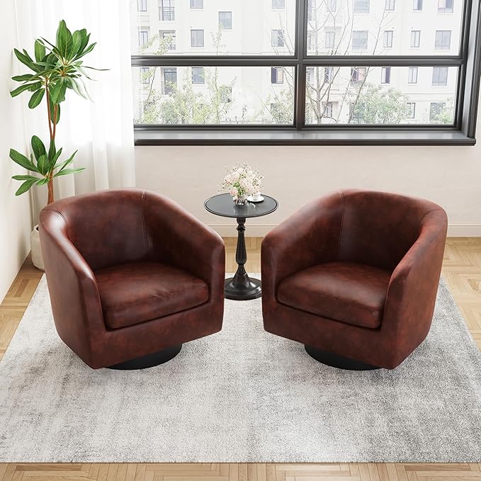UIXE Faux Leather Swivel Accent Chairs Set of 2, Modern Upholstered Barrel Chairs for Living Room, Comfy Round Armchair Single Sofa Bedroom Reading Seat - 31" W, Red Brown