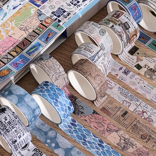 38 Rolls Vintage Washi Tape Set, Vintage Travel Stamp Map Scenery Art Letter Writable Decorative Tapes for Scrapbooking , Junk Journal Supplies, Bullet Journaling 5-25mm Wide 9.84ft long/Roll