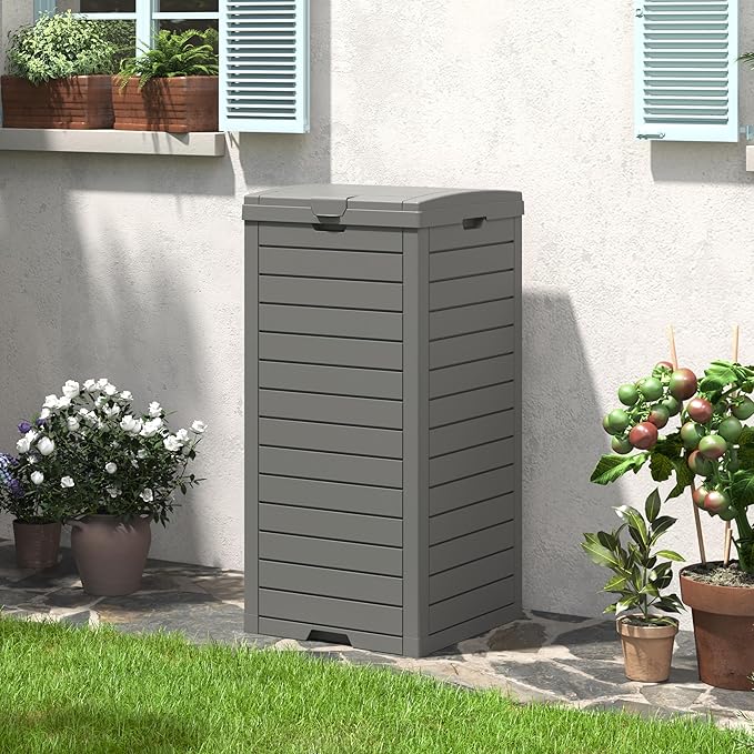 Outdoor Trash Can, 31 Gallon Garbage Can with Tiered Lid and Drip Tray, Waterproof Resin Patio Waste Bin for Garden, Backyard, Deck