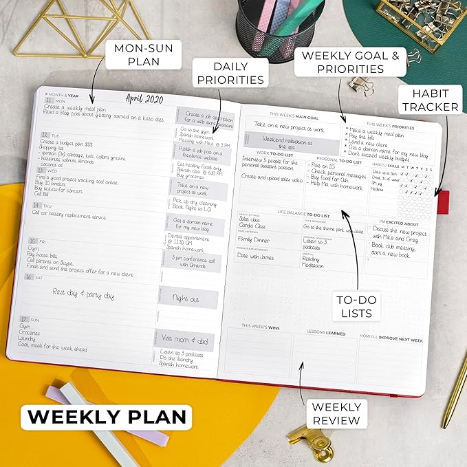 Clever Fox Planner Pro Premium – Luxurious Weekly & Monthly Planner with Budget Organizer for Productivity & Goals, Undated, A4 (Red)