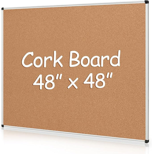 Board2by Extra Large Cork Bulletin Board 48" X 48", Silver Aluminum Framed 4'x4' Corkboard for Wall, Wall Mounted Notice Pin Board with 18 Push Pins for School, Home & Office