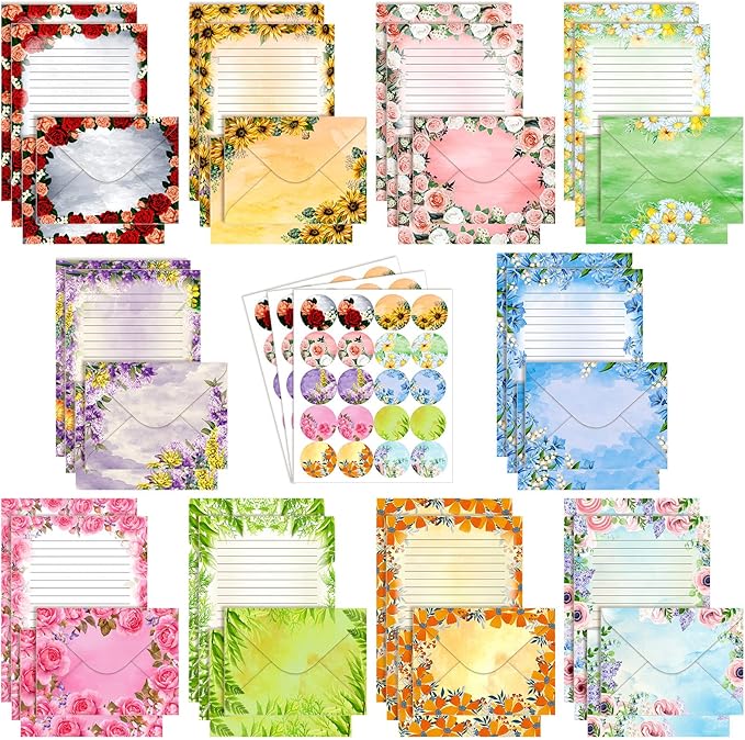 TaoBary 160 Pcs Stationery Paper Set 50 Double Sided Stationery Papers with 50 Matching Envelopes and 60 Round Dot Sticker, 10 Design(Flower,5.5 x 8.25 Inch)
