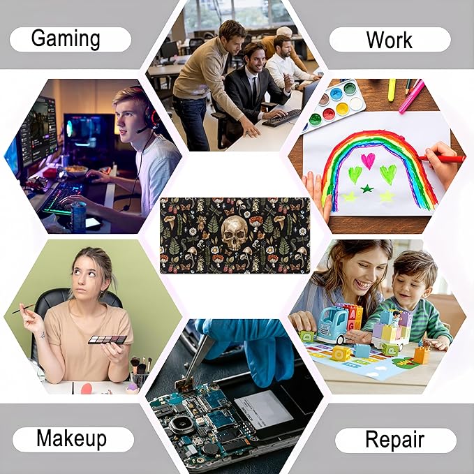 Cool Skull Desk Mat Floral Mouse Pad Black Mushroom Plants Goth Desk Pad XXL Large Gaming Mousepad Laptop Computer Keyboard Mouse Mat 31.5x15.75 in, Office Desk Mats Decor Accessories for Women