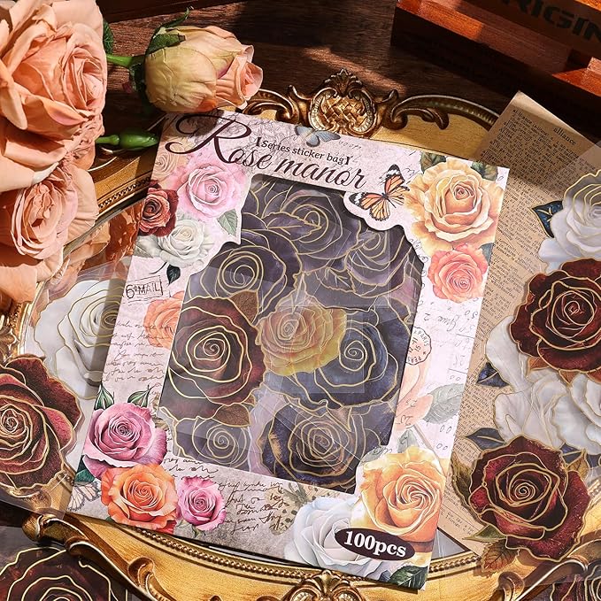100 PCS Large Size Flowers Rose Sticker for Journaling Supplies, Dried Flowers Themed Resin Watercolor Floral Sticker for Scrapbooking, Aesthetic Room Decor Junk Journal Bullet Journals Collage