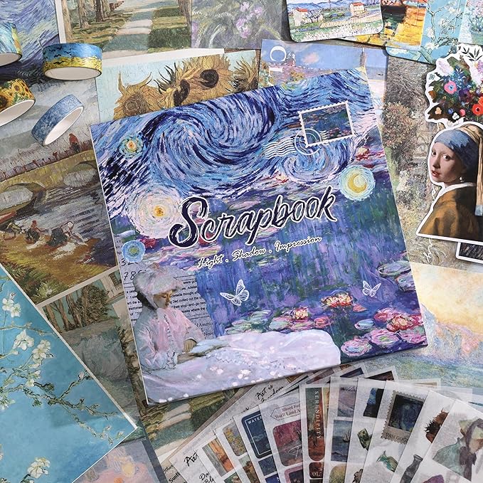 Scrapbooking Supplies Kit, Monet Van Gogh Oil Painting Theme Scrapbook Kit for Bullet Junk Journal, 12 Rolls Washi Tape, Stickers Papers for DIY Journaling Supplies, Craft Gift for Girl Kid Women