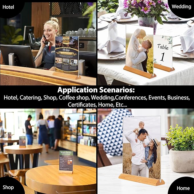 TONICE® 3 Pack 5x7 Acrylic Sign Holder T Shape Clear Acrylic Double Sided Frames with Wood Base Table Menu Display Stand Flyer Display (Optional 8.5x11/5x7 Inch L/T Shape)