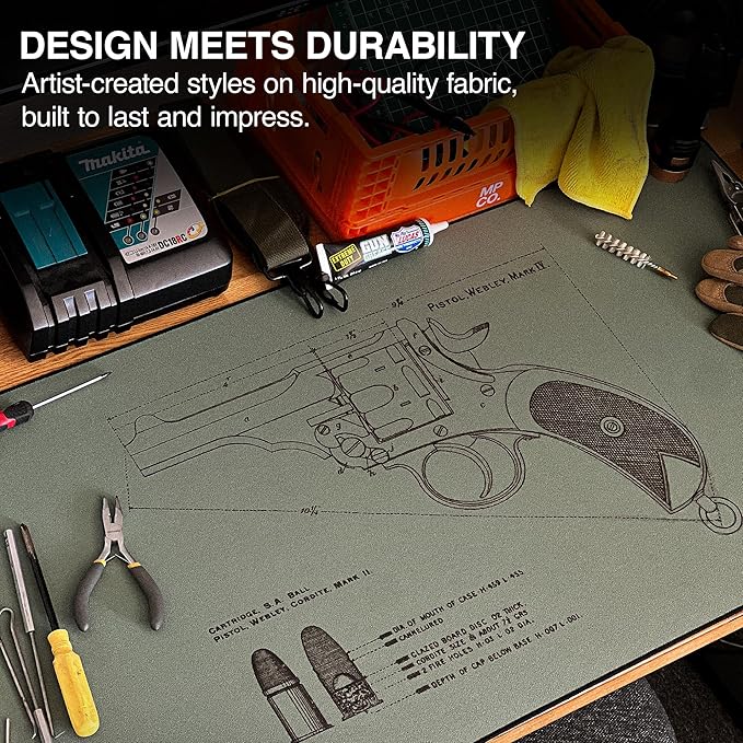 MPCO. Blueprints Large Gaming Desk Pad - 36" x 17" Duraglyde Fabric Pistol Webly Mark IV – Green Desk Mats - Non-Slip, Washable, Smooth Glide for Precision Gaming & Work