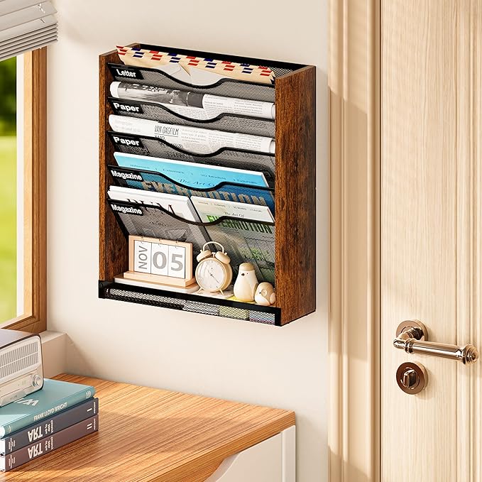 6-Tier Wall File Organizer with Bottom Tray, Ironwood Mail Organizer Wall Mounted with Metal Mesh, Document Organizer for Paper, Folder, Magazine, Office Desk Accessories for Home Cubicle Countertop