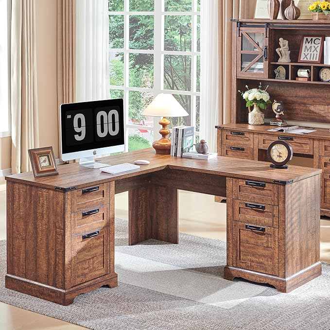 RedLemon 60" Farmhouse L Shaped Executive Desk with Drawers, Wood Home Office Corner Desk with Charging Station, File Drawer, Storage Cabinet, Rustic Computer Writing Desk (Reclaimed Barnwood)