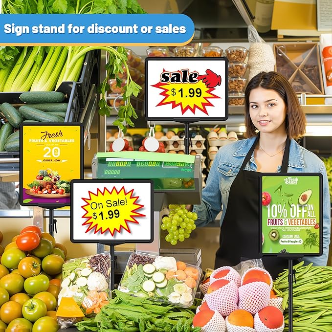 8Pack Sign Holder Stand for Display 8.5 x 11, Adjustable Poster Stand for Table Top & Floor, Floor Standing Sign Holder, Metal Signage Stands for Business, Market, Retail, Store Display Stands