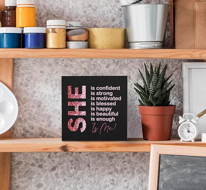SRADMO Inspirational Woman Affirmation Wood Box Sign, Feminist Gifts, Female Women Empowerment Gifts, Motivational Positive Theme Wooden Block Box Sign Decoration for Home Shelf Table Decor