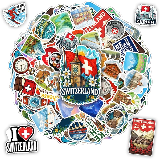 100 PCS Switzerland Stickers Pack, Vinyl Waterproof Decals of Zurich Alps Matterhorn Swiss Flag Cheese Chocolate Travel Souvenirs, Gift for Kids Teens Adults Scrapbook Laptop Water Bottle Car